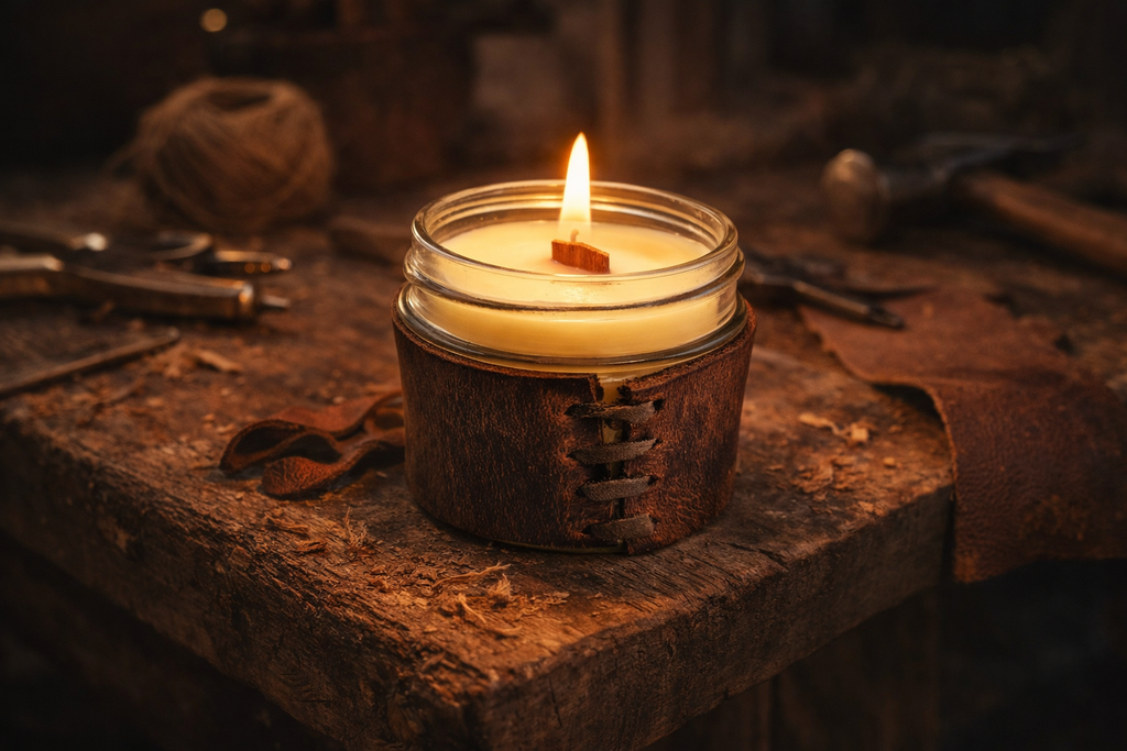 Candle in a rustic jar on a stone surface with tools in the background