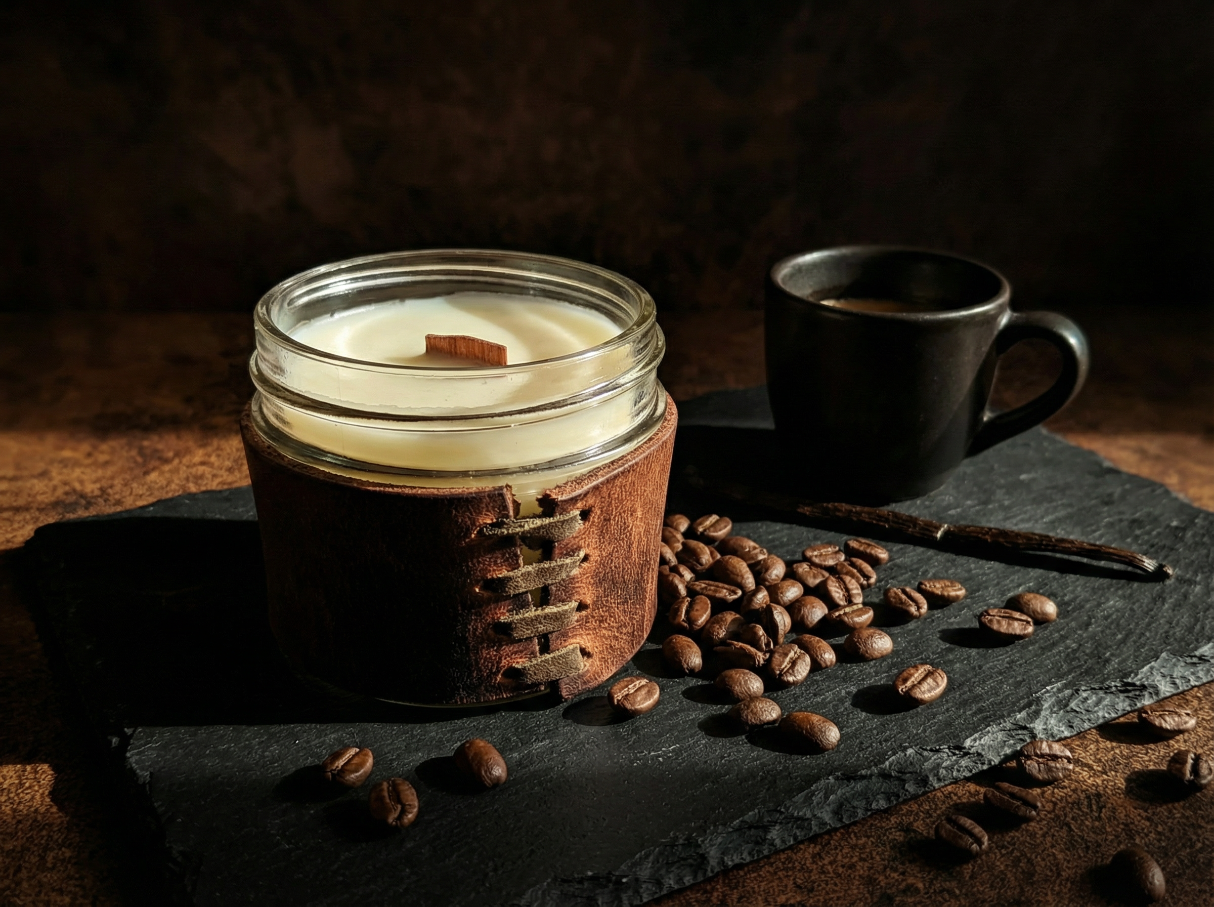 Jar candle with wooden lid, coffee beans, and a cup on a dark surface