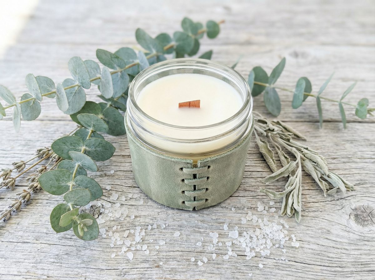 Candle in a glass jar with eucalyptus leaves on a wooden surface