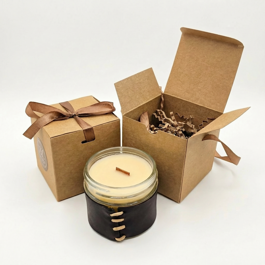 Candle in a jar with a black holder and decorative box on a white background