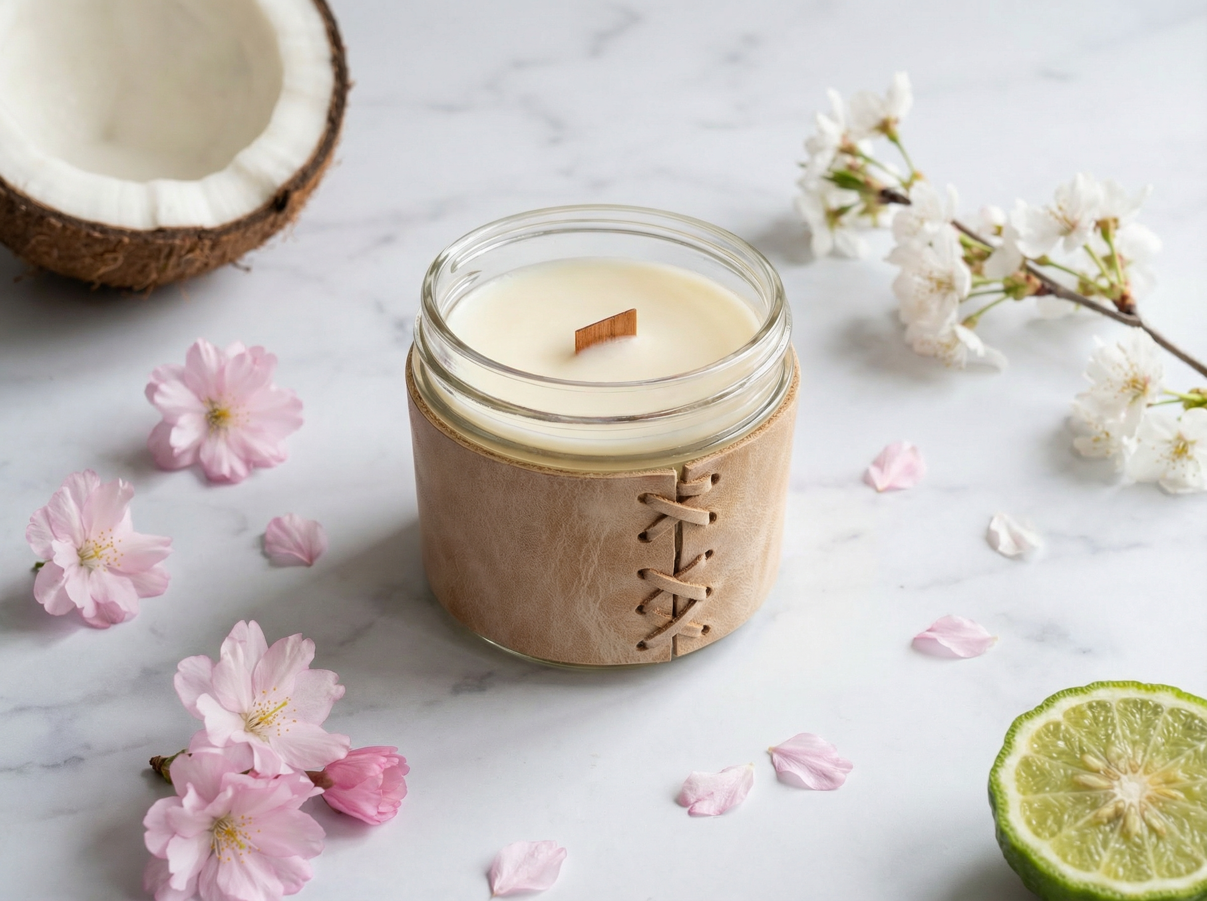 Candle in a glass jar with wooden lid surrounded by pink flowers and a lime on a marble surface