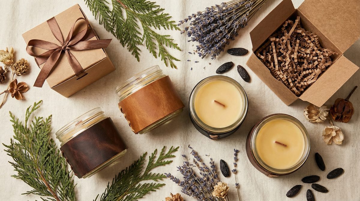 Candles with decorative elements on a textured surface