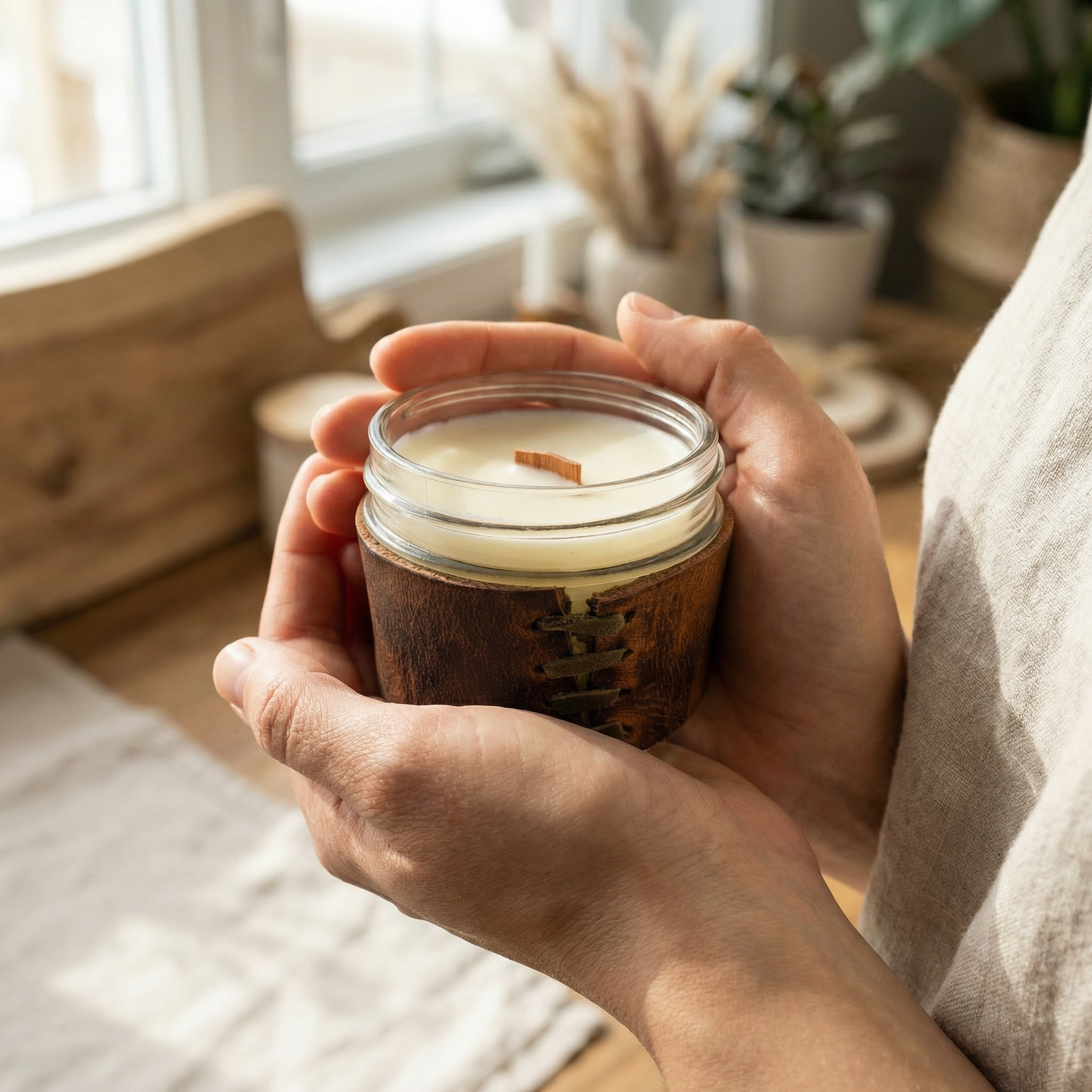 Hand holding a jar candle in a cozy indoor setting with natural light