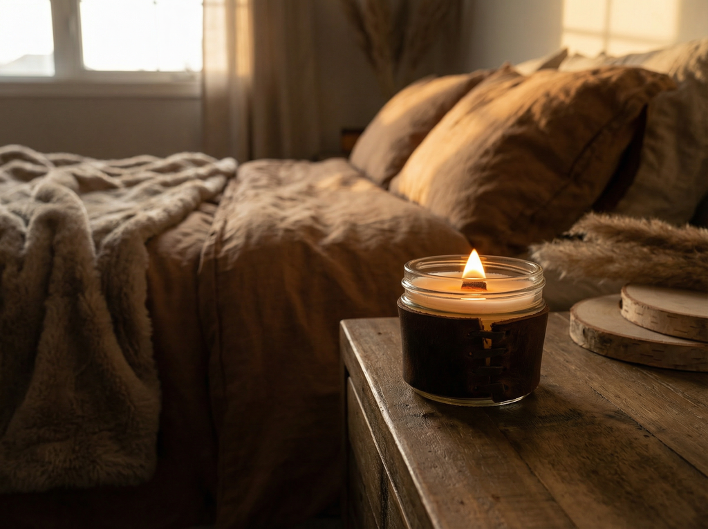 Candle on a wooden surface with a cozy room setting featuring a sofa and soft lighting.