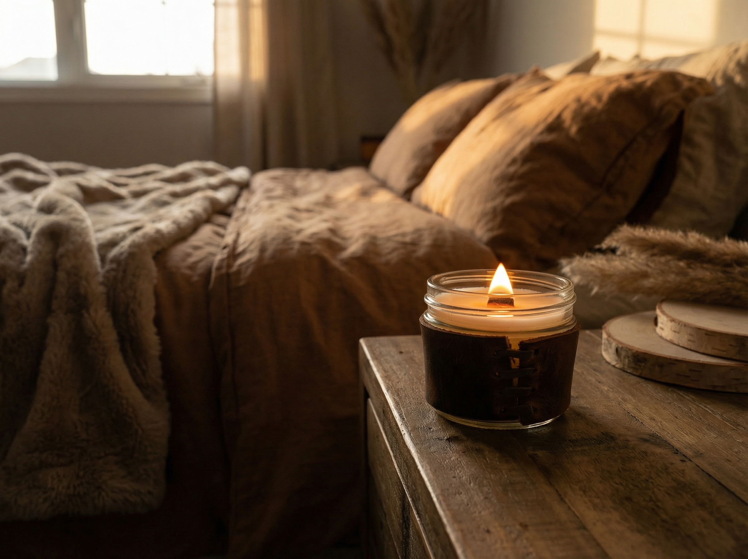 Candle on a wooden surface with a cozy room setting featuring a sofa and soft lighting.
