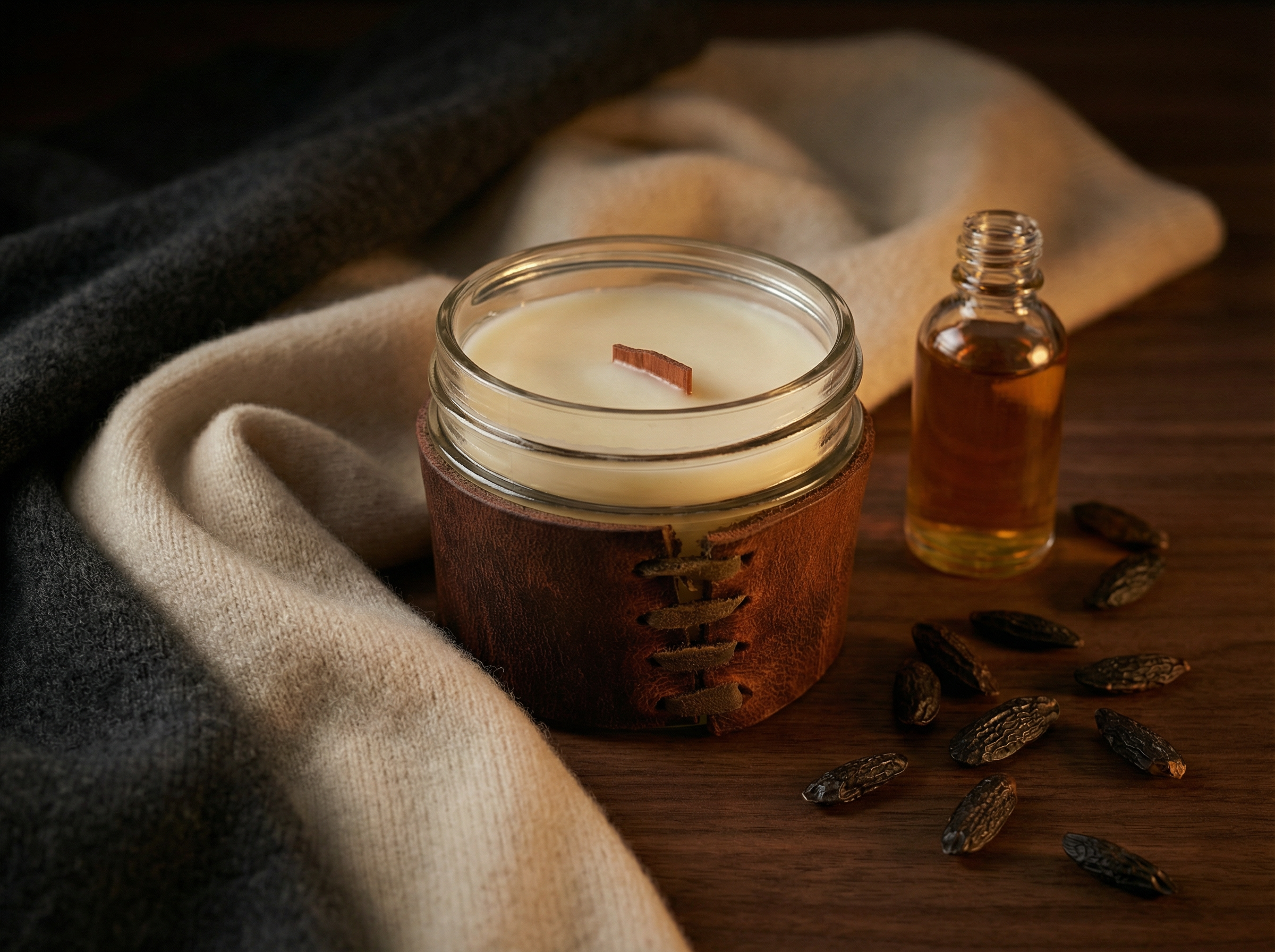 Candle in a glass jar with a wooden lid on a textured surface with a bottle of oil and tonka beans.