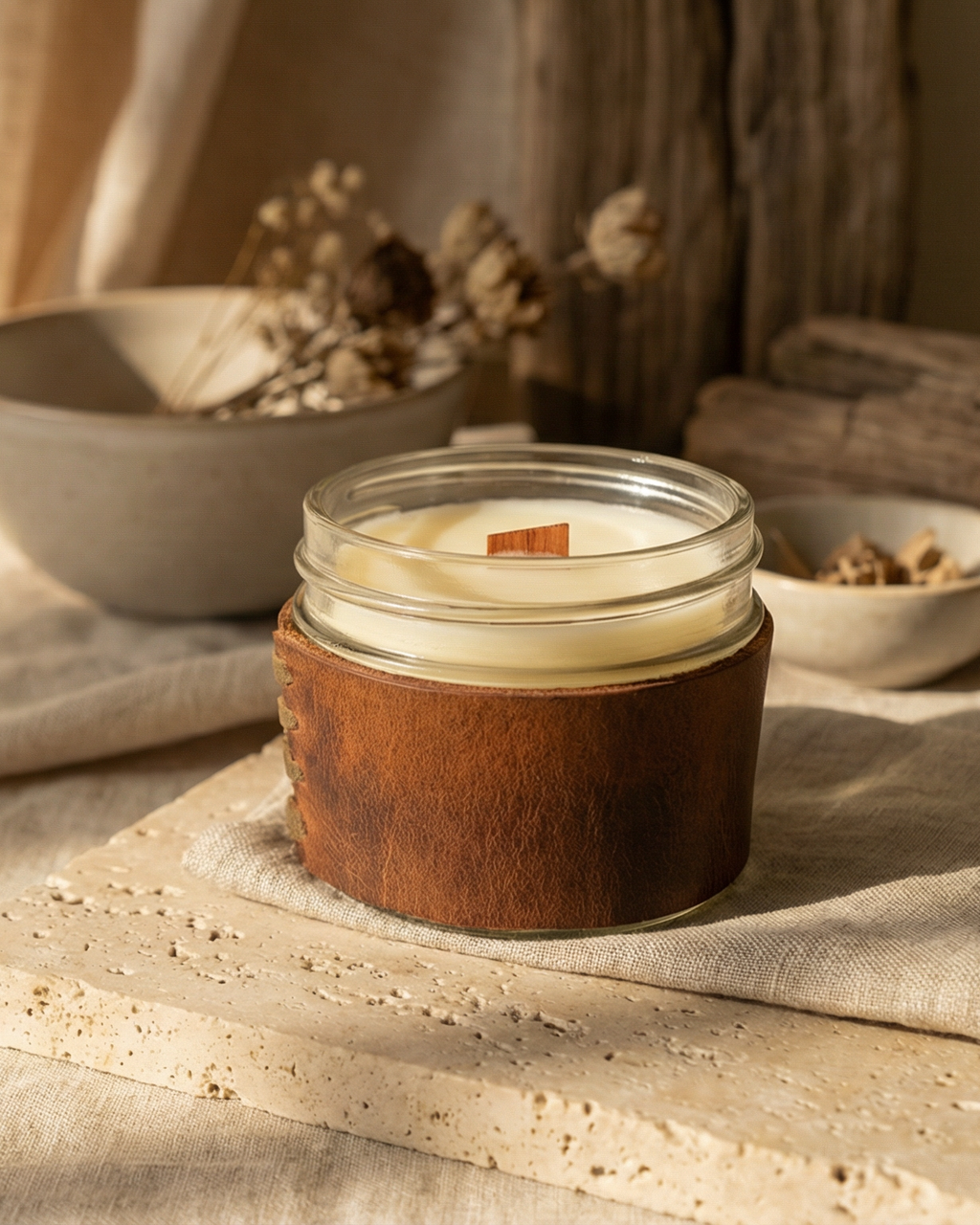 Candle in a wooden jar on a textured surface with a soft, warm background