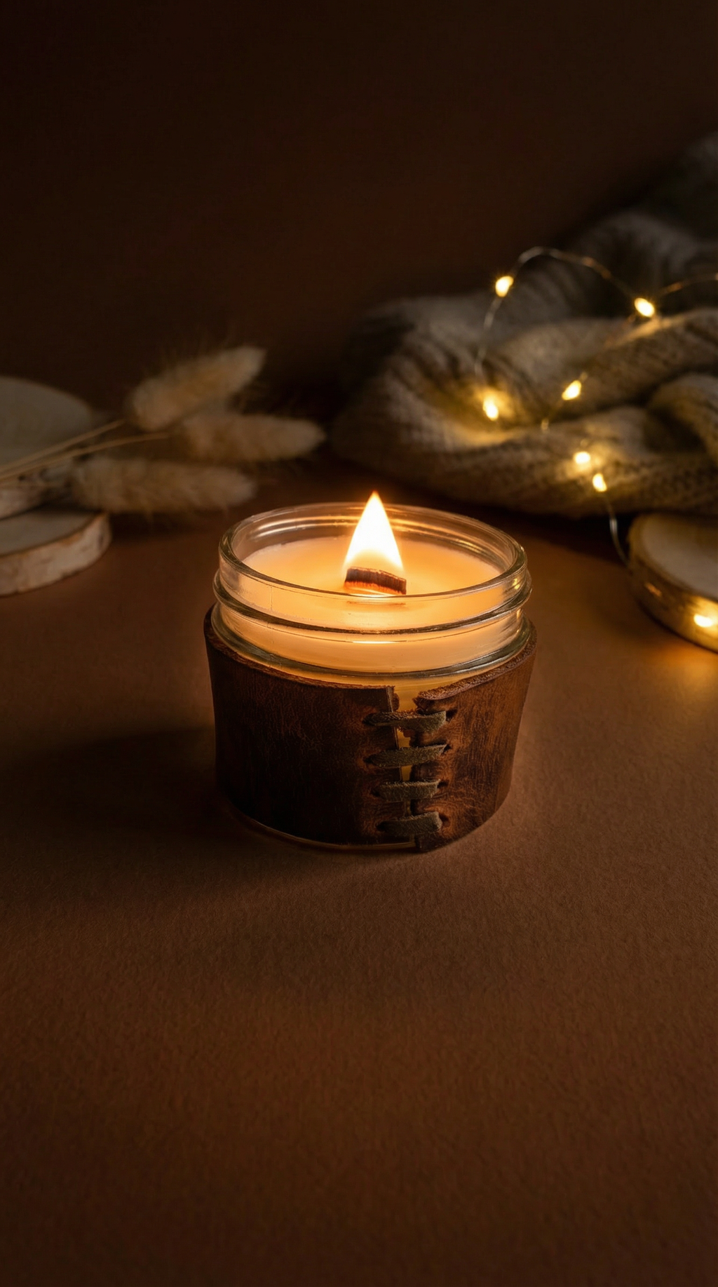 Candle in a glass holder with a warm glow on a dark background