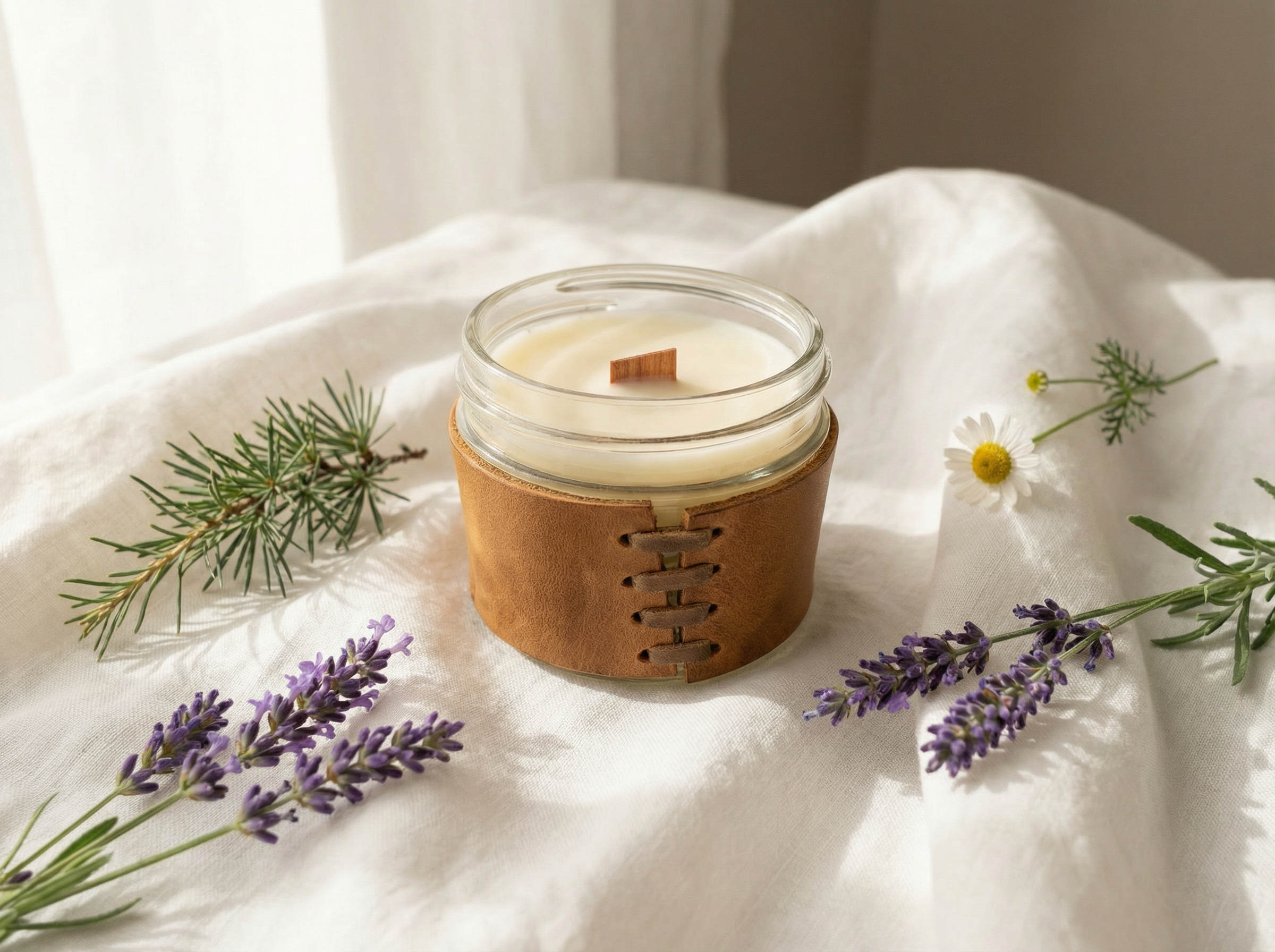 Candle in a glass jar with a leather sleeve on a white surface with lavender and flowers.