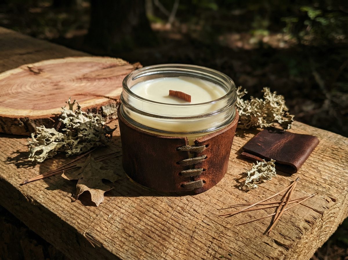 Candle in a glass jar with wooden lid on a wooden surface with natural elements